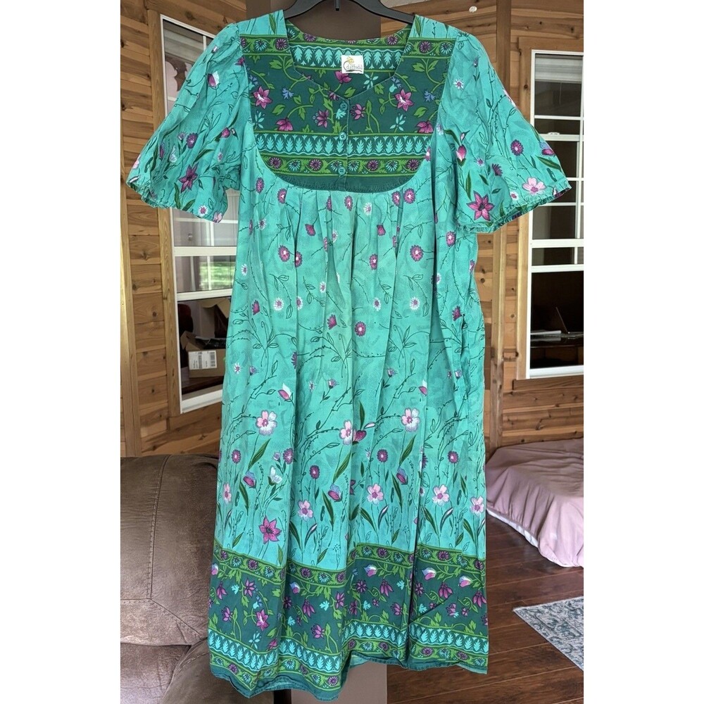 VTG Daffodil By Loungees Mumu Kaftan House Dress Tourquiose Floral Nightgown L
